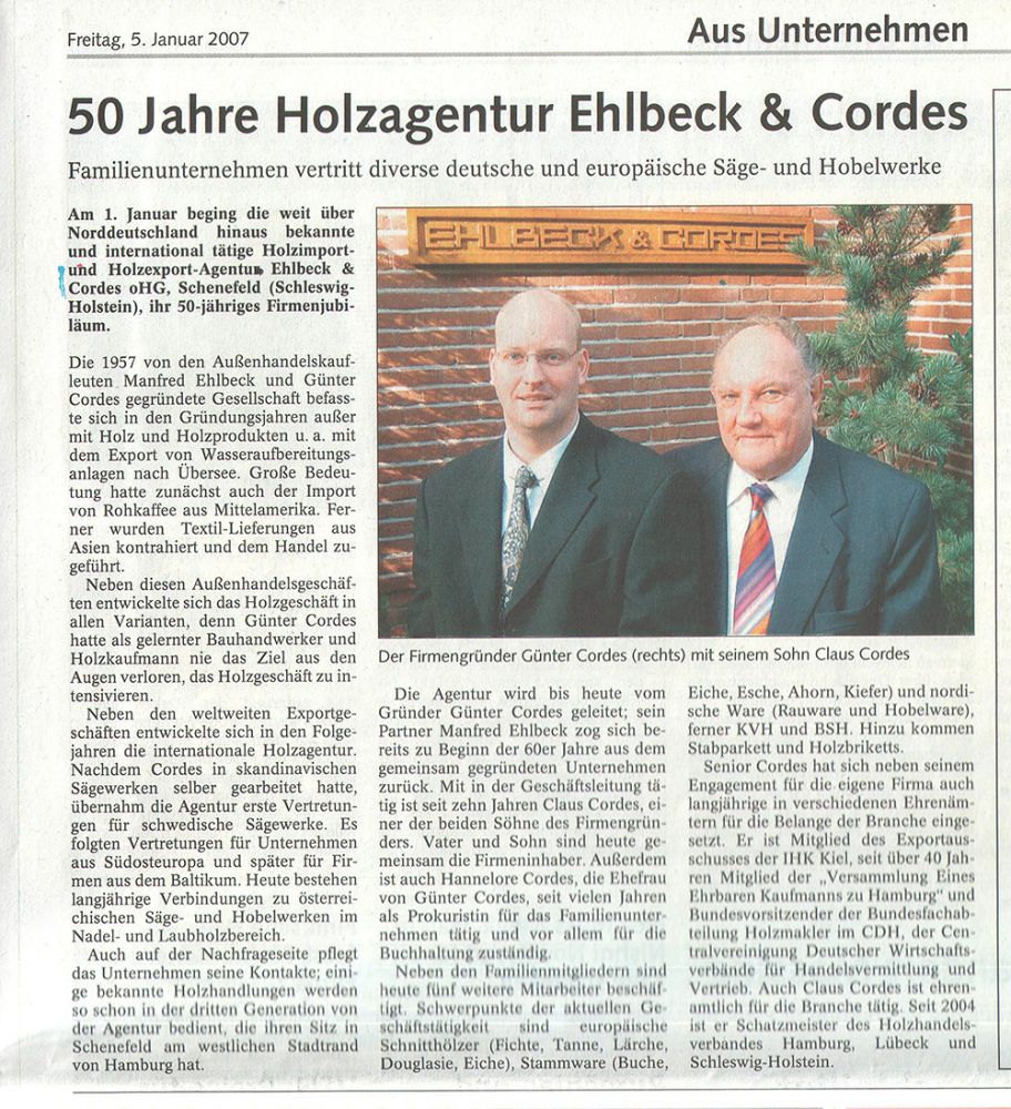 50 Jahre Ehlbeck & Cordes Claus Cordes Gunter Cordes Artikel im Holzznetralblatt HZB